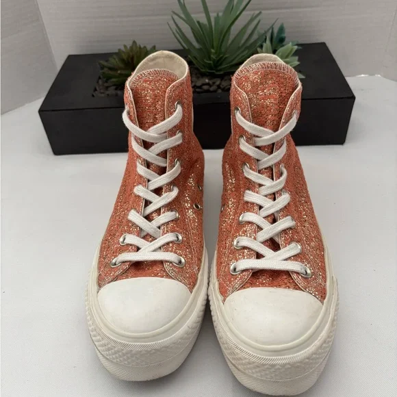 CONVERSE CHUCK TAYLOR PLATFORM METALLIC ORANGE PINK & GOLD SNEAKERS SZ  7 - Picture 2 of 13